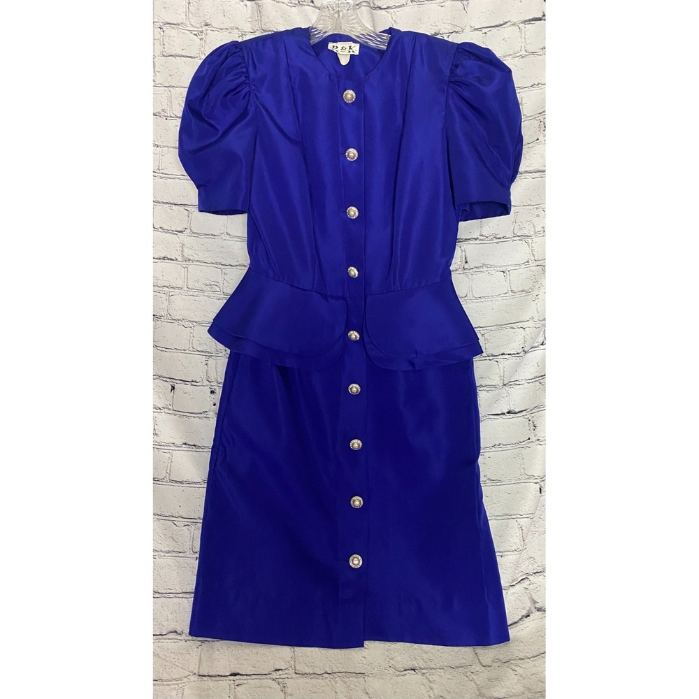 R & K Originals L Womens Peplum Dress Blue Rhinestones Elegant Formal